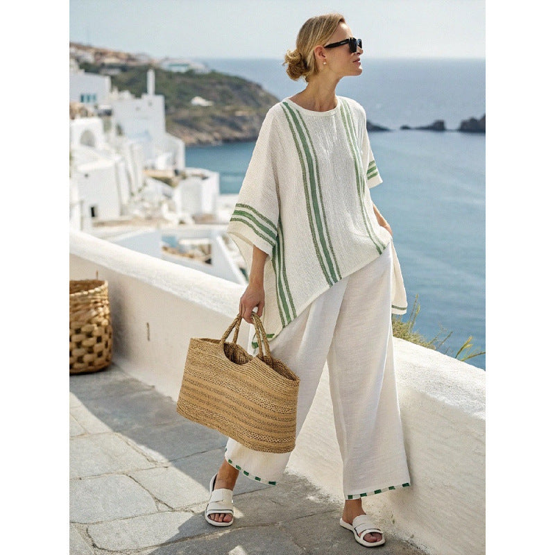 Women Boho Striped Plus Size Loose Kaftan Beach Set