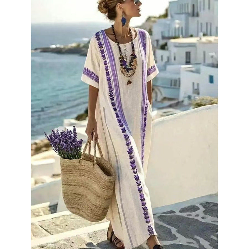 Women Boho Striped Embroidery V Neck Loose Kaftan Maxi Beach Dress