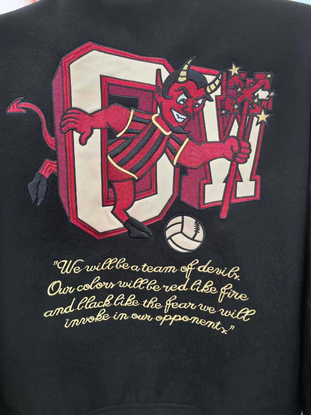 Off White Cartoon Devil Graphic Varsity Jacket Unisex