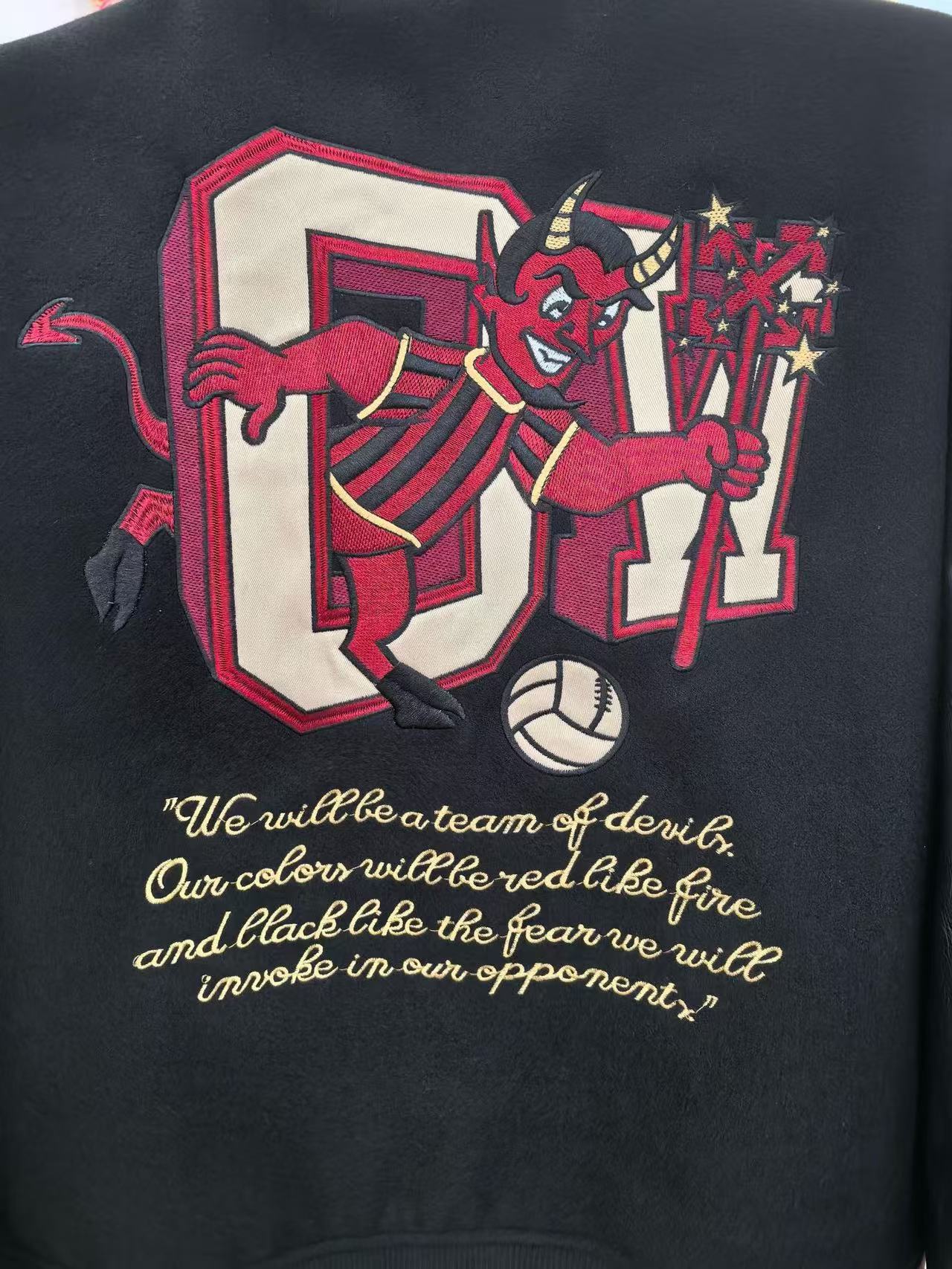 Off White Cartoon Devil Graphic Varsity Jacket Unisex