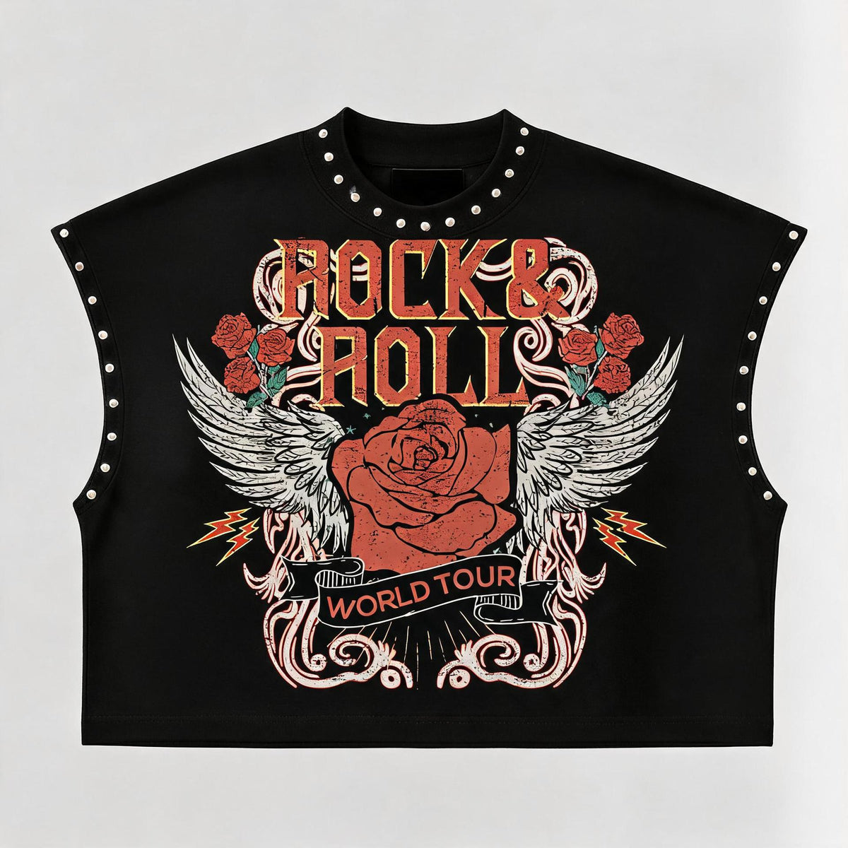 Rivet Decor Graphic Print Crew Neck Sleeveless Crop Tank Top Women