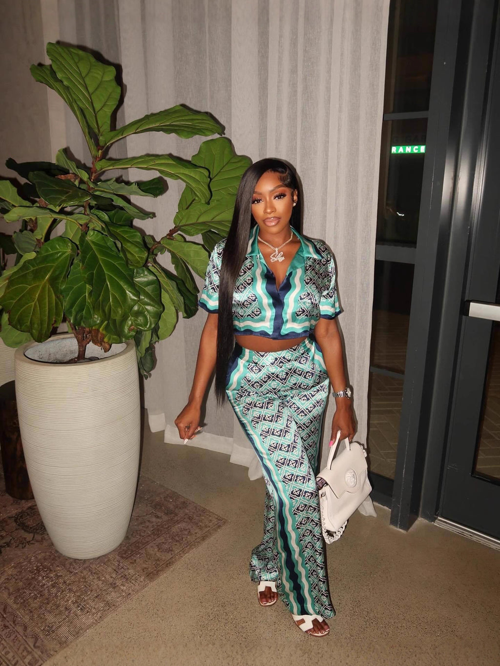 Graphic Printed Collared Crop Shirt Wide Leg Pants 2 Piece Outfit Women