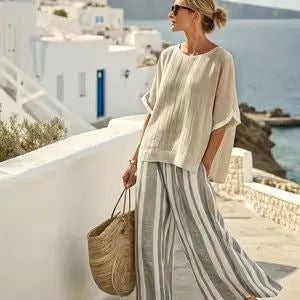 Women European Boho Striped Plus Size Loose Kaftan Beach Vacation Set