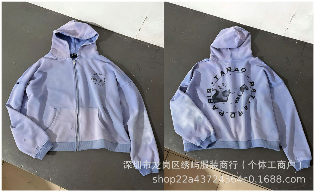 ERD Distressed Photo Letter Print Hoodie Vintage Cotton Pullover