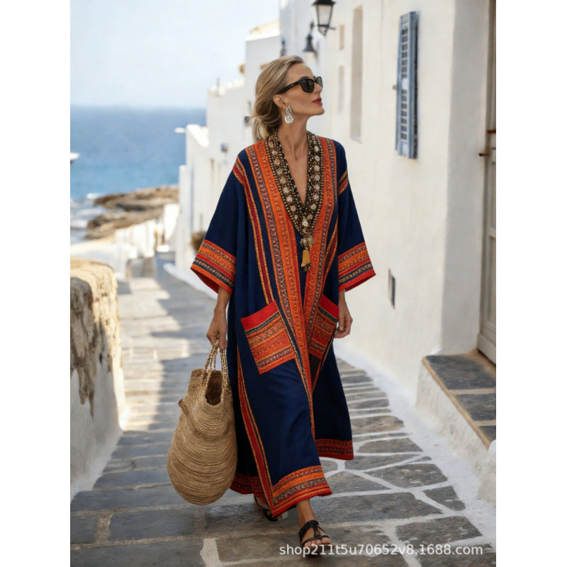 Women Boho Border Print V Neck Loose Kaftan Maxi Beach Dress