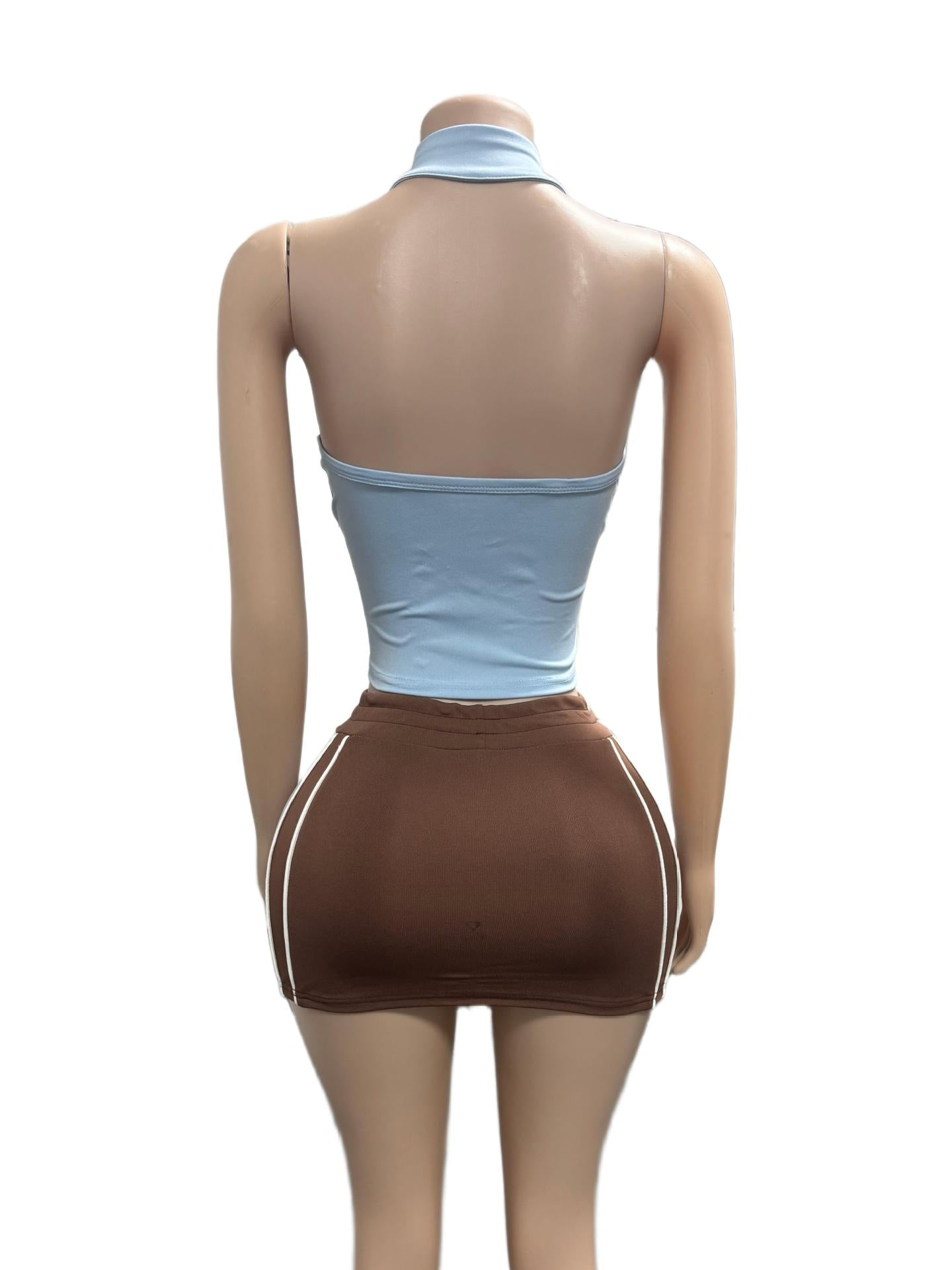 Color Block Zip Front Halter Crop Top Mini Skirt 2 Piece Set Women