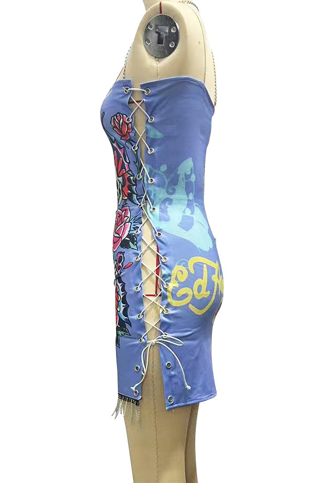 Y2K Vintage Dragon Print Strapless Drawstring Slit Mini Dress