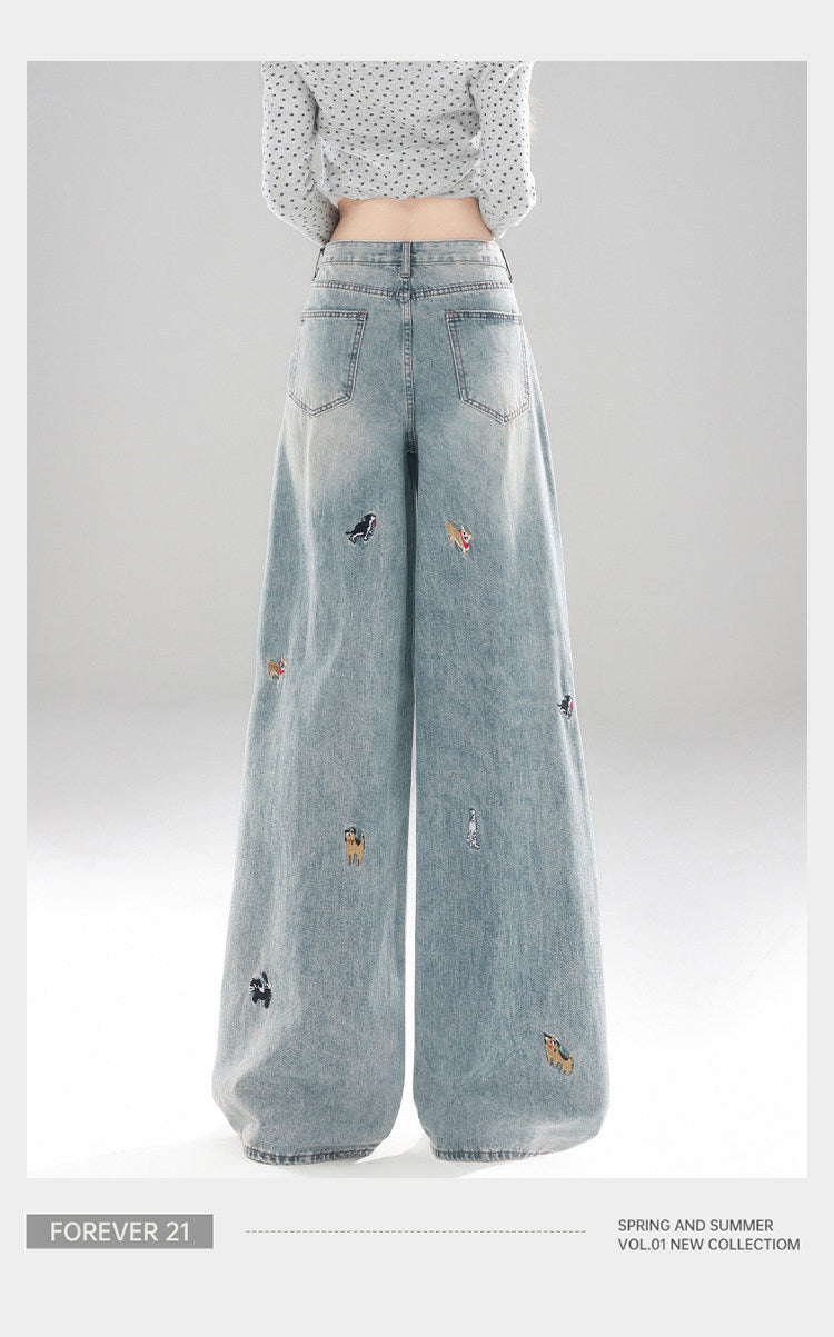 Light Blue Puppy Embroidered Wide Leg Denim High Waist Loose Trousers