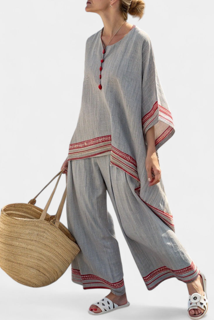 Women European Boho Striped Plus Size Loose Kaftan Beach Vacation Set