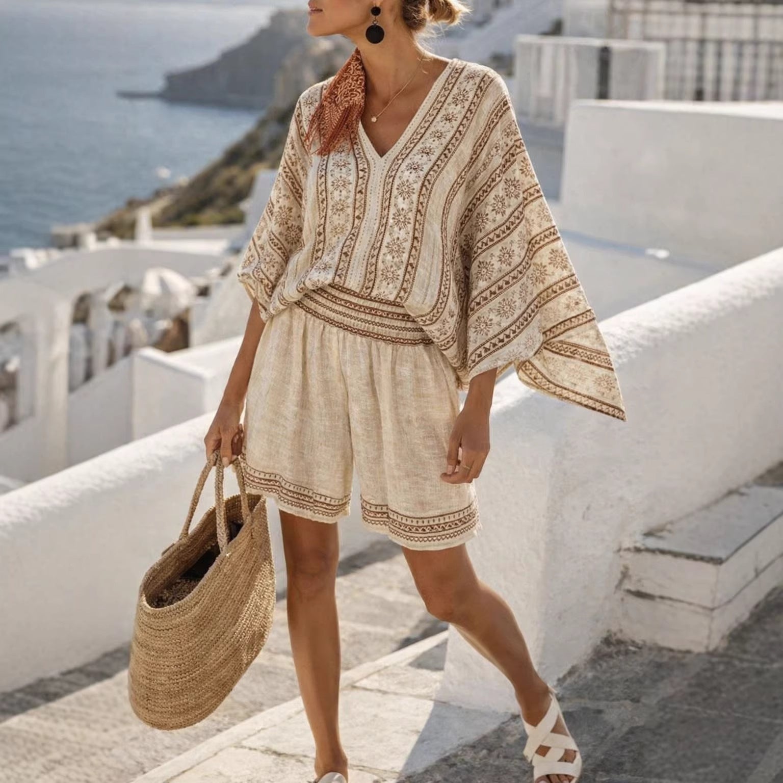 Women Boho Striped V Neck Batwing Loose Beach Short Two Piece Set