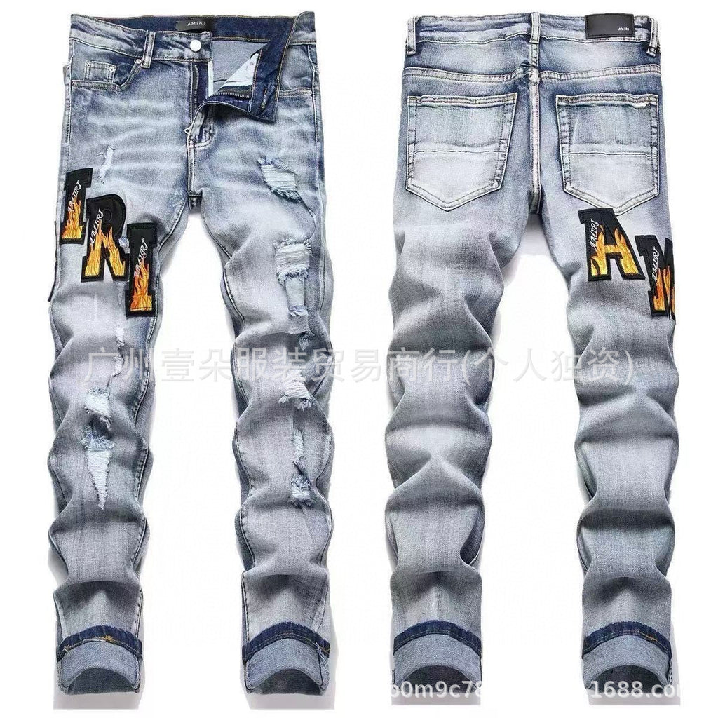 Amiri Letter Embroidery Washed Slim Tapered Denim Jeans Unisex