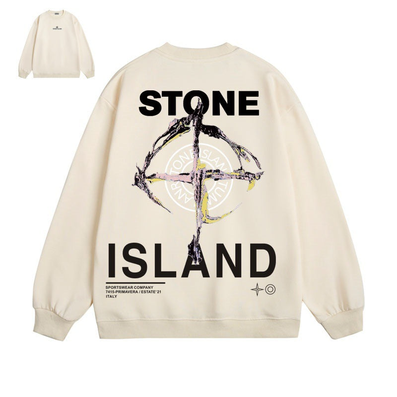 Stone Island Compass Print Crewneck Sweatshirt Men Winter Fleece Top