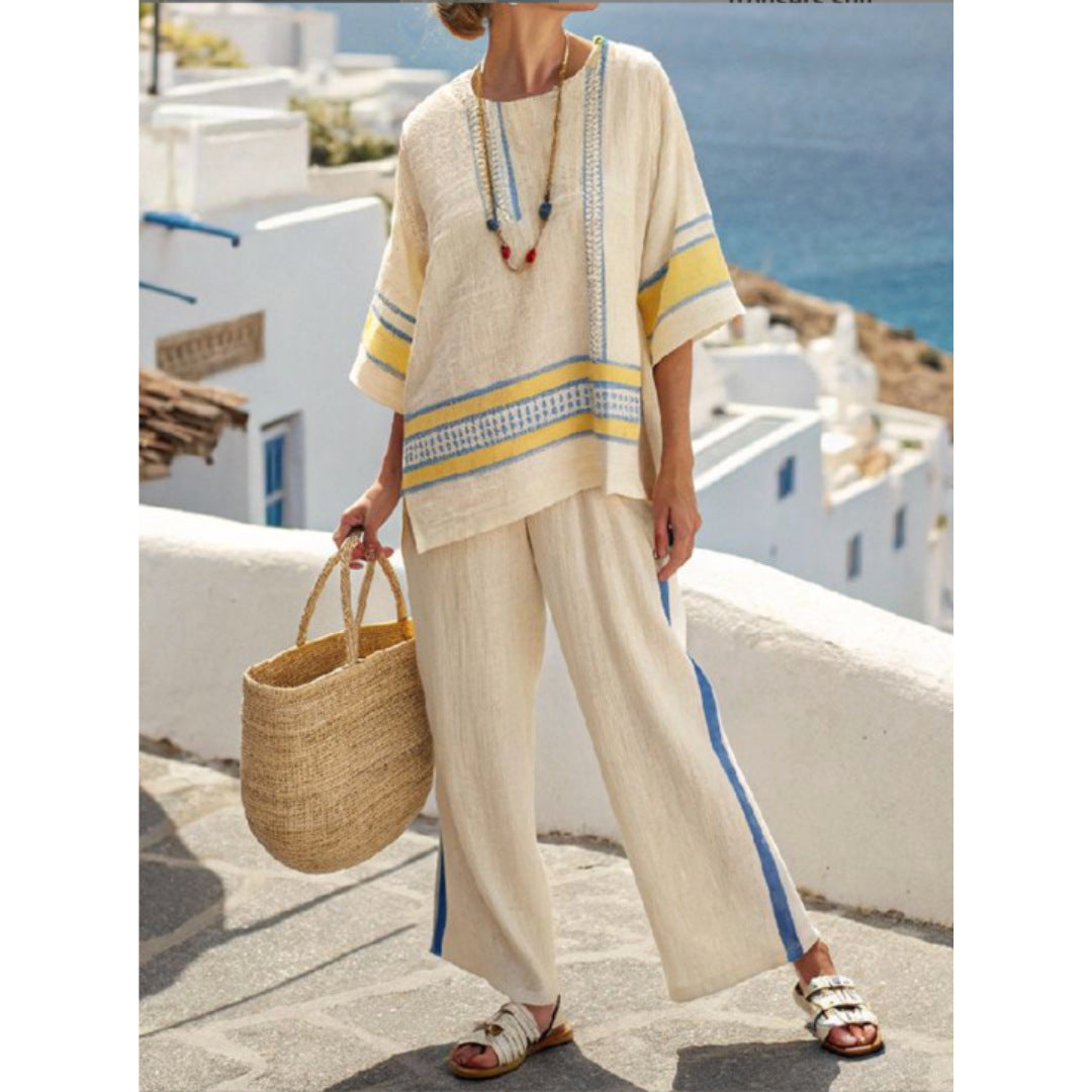 Women European Boho Striped Plus Size Loose Kaftan Beach Vacation Set