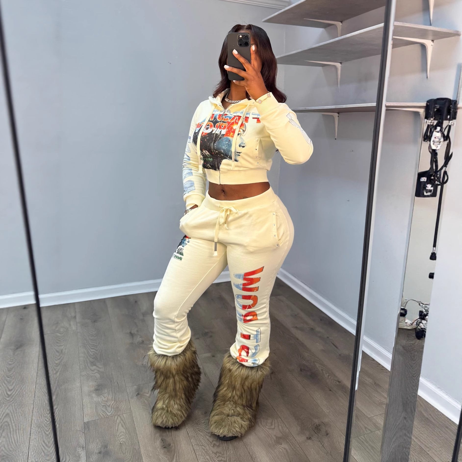First Row Post Human New Born Zip Crop Hoodie Flare Jogger 2 Piece Set Women