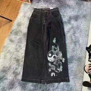 JNCO Style Y2K Baggy Jeans Drachen- & Poker-Stickerei Streetwear Denim-Hose