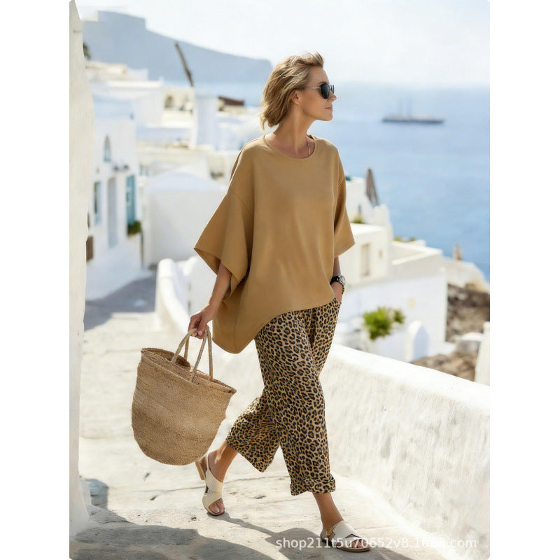 Women Boho Gradient Print Round Neck Batwing Loose Beach Two Piece Set