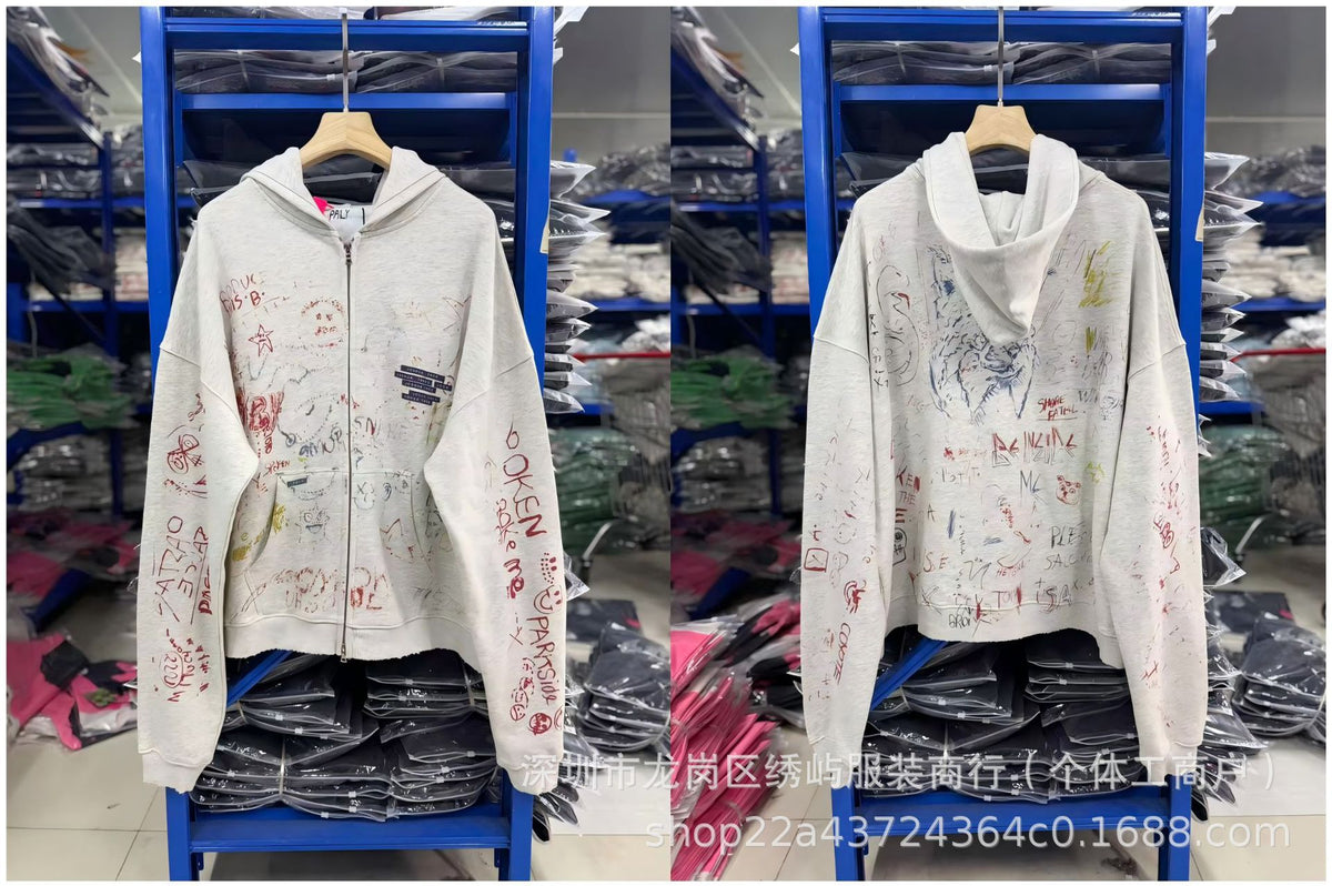 Paly Hollywood Cartoon Letter Hoodie Vintage Wash Graphic Streetwear