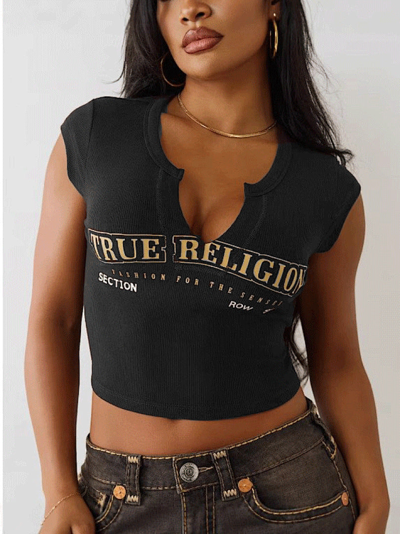 Y2K True Religion Letter Notch Neck Ribbed Crop Tank Top