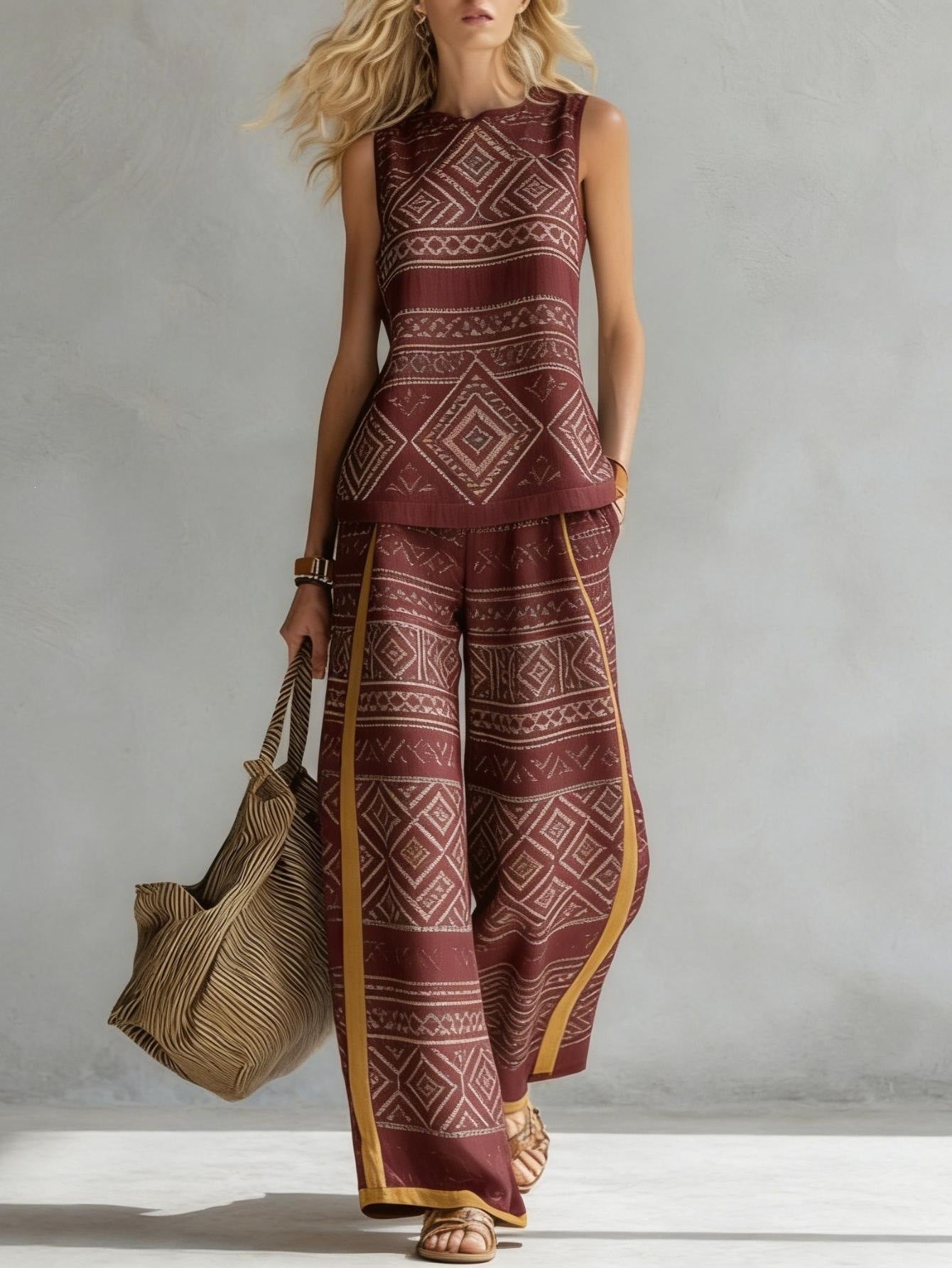 Boho Floral Trim Sleeveless Wide Leg Two Piece Set