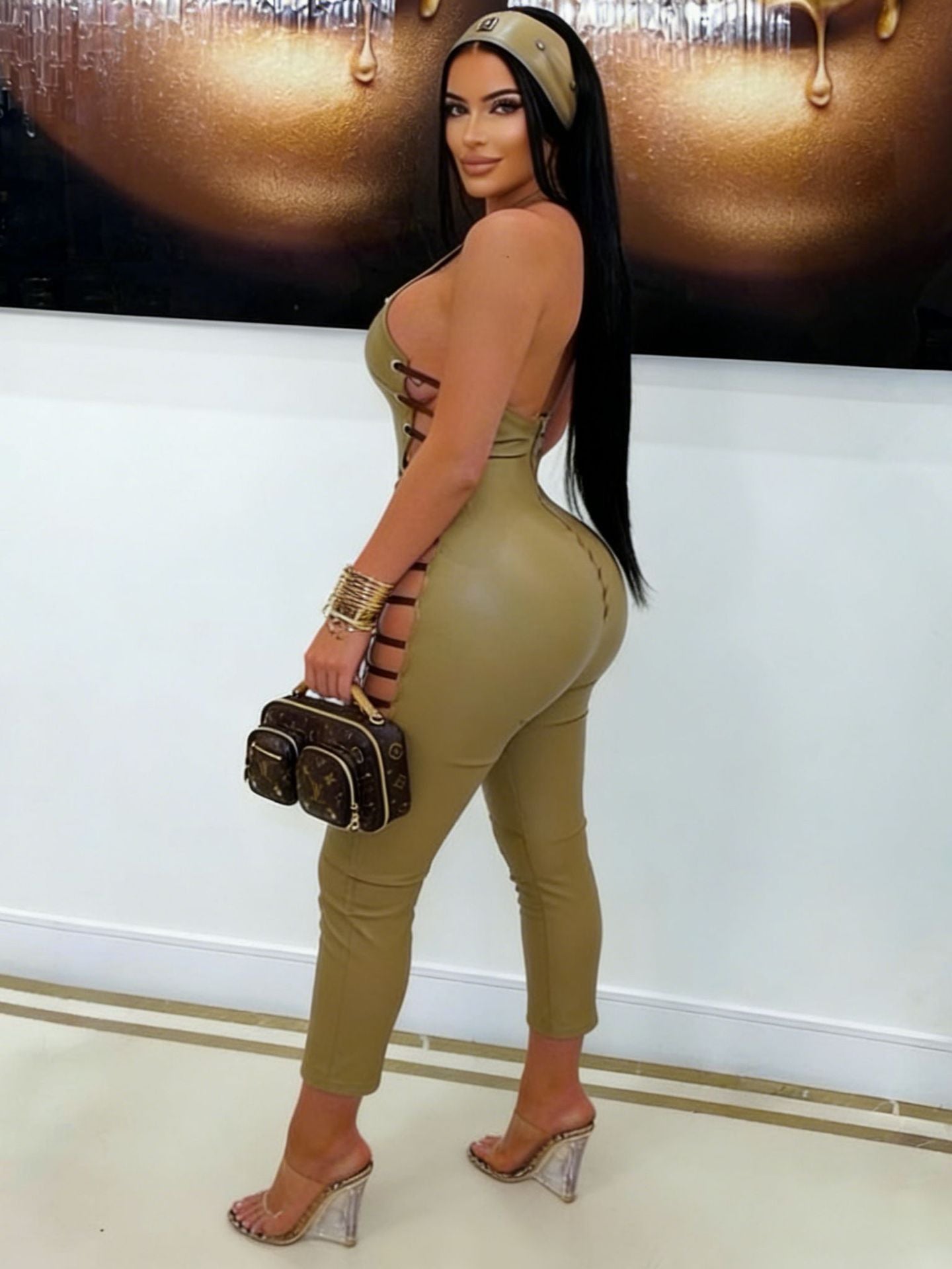 Faux Leather Halter Back Zipper Side Cutout Lace Up Jumpsuit Women