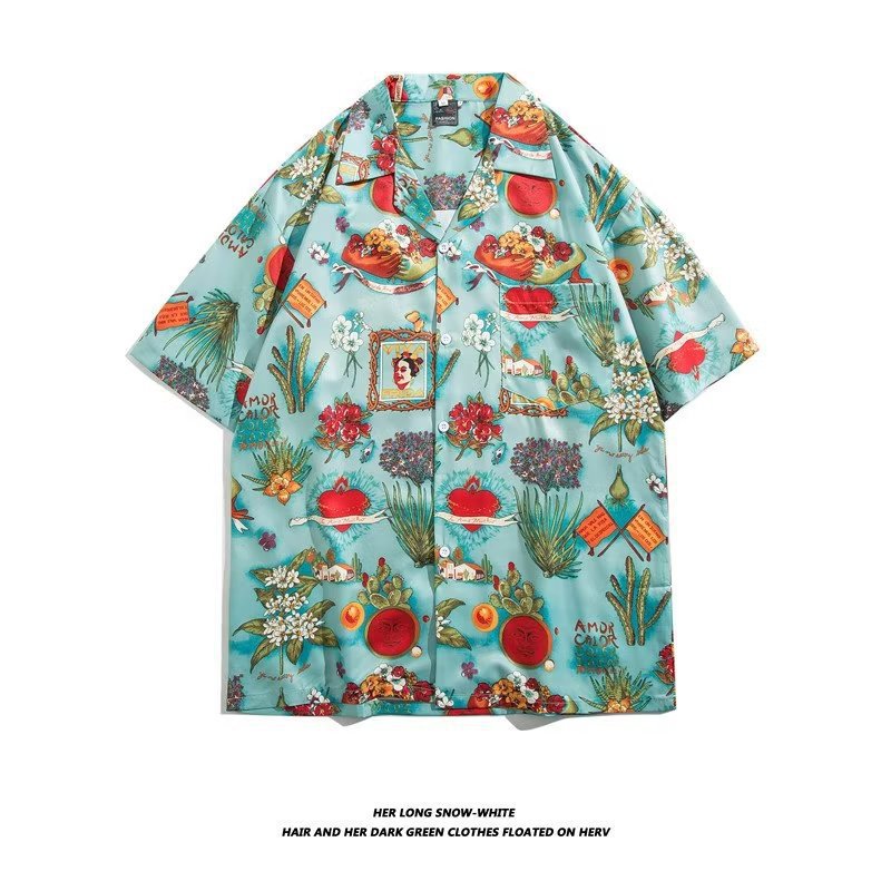 Unisex Vintage Camp Collar Tropical Floral Loose Beach Vacation Shirt 1301-1341
