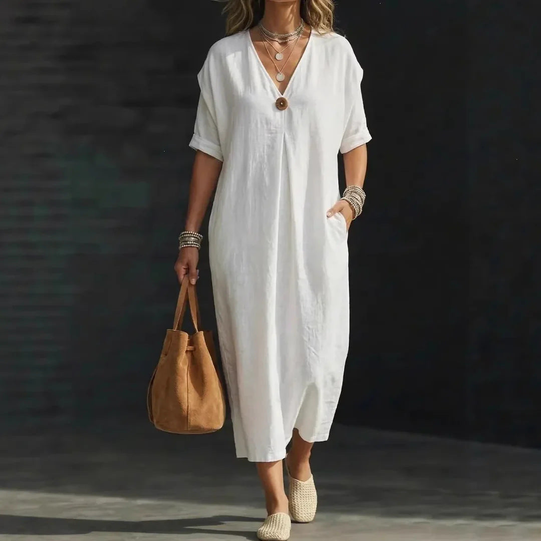 Women Boho Floral Border Print V Neck Loose Kaftan Maxi Beach Dress