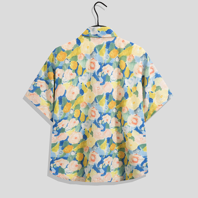 Ice Silk Quick Dry Couple Floral Loose Beach Shirt Shorts Set T3601-T3630