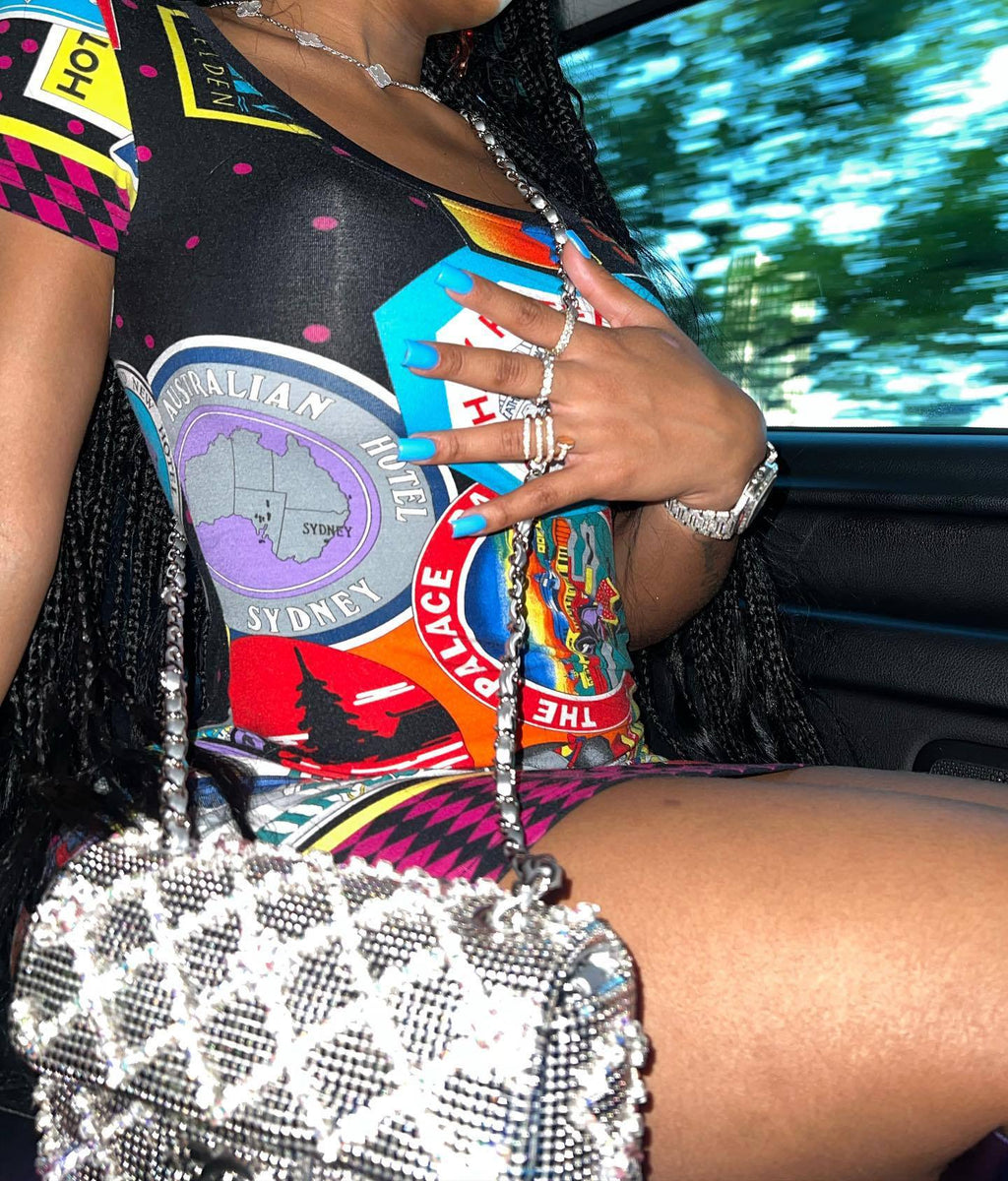Versus Versace Travel Souvenir Collage Print Bodycon Mini Dress Women