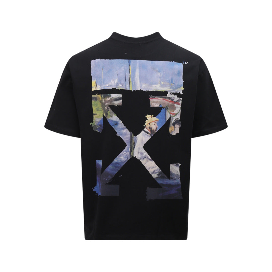 Tape Arrow Graphic Print Streetwear Crew Neck Short Sleeve T Shirt