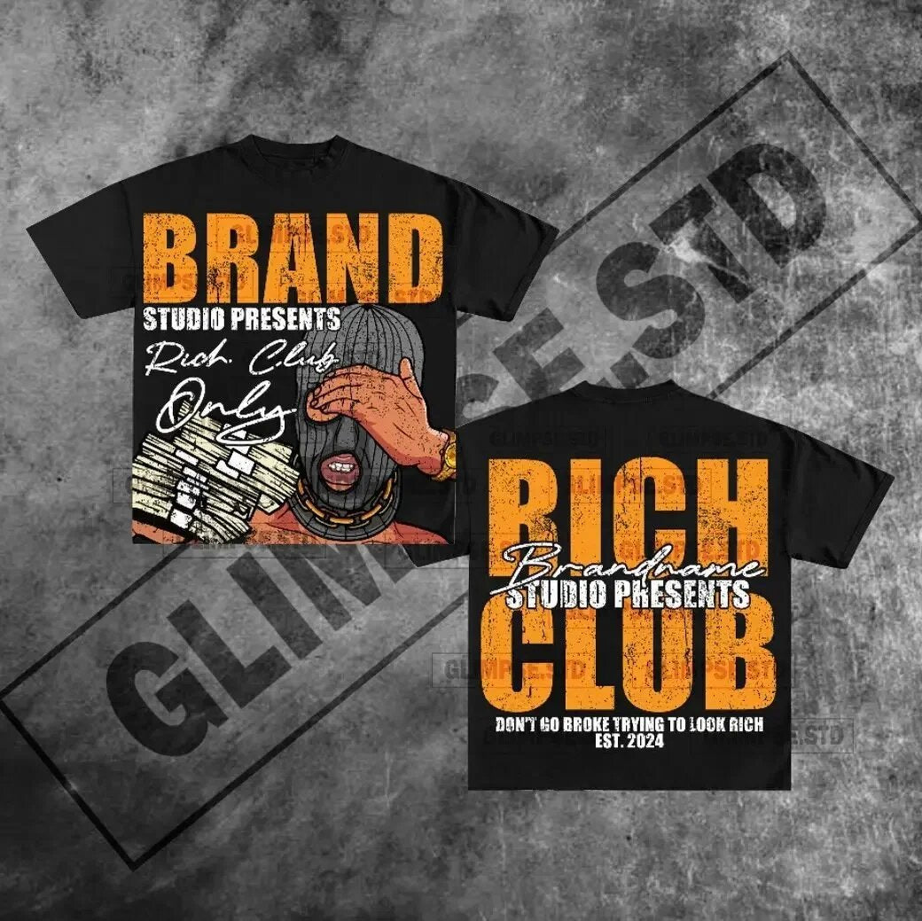 Y2K Rich Club Style Hip Hop Portrait Spruch Übergroßes Streetwear Baumwoll T-Shirt