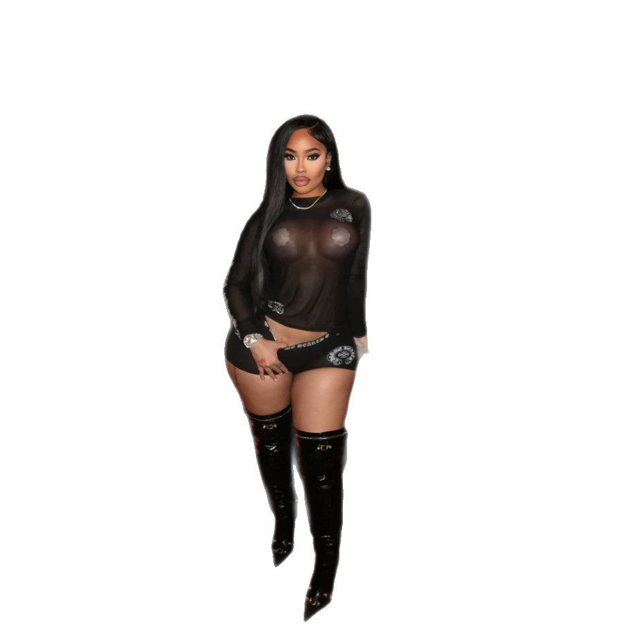 Chrome Hearts Black Mesh Horseshoe Rhinestone Sheer 2 Piece Set