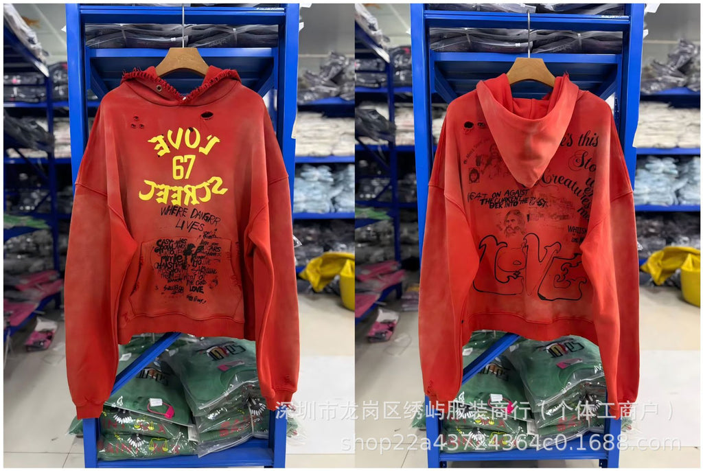 Paly Hollywood Cartoon Letter Hoodie Vintage Wash Graphic Streetwear