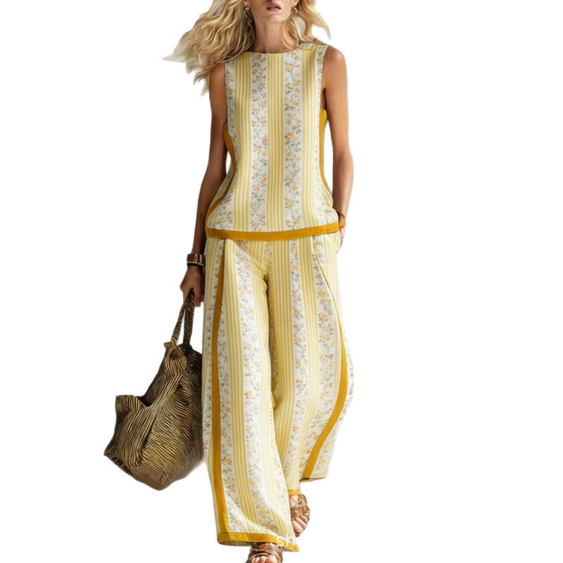 Boho Striped Floral Trim Sleeveless Wide Leg Two Piece Set