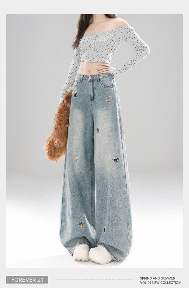 Light Blue Puppy Embroidered Wide Leg Denim High Waist Loose Trousers