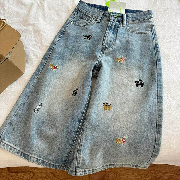 Vintage Dog Embroidered Capri Denim Shorts Loose Wide Leg Jeans