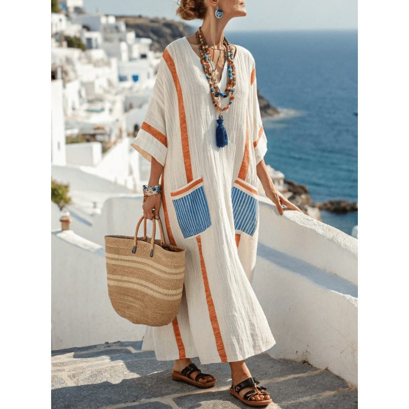 Women Boho V Neck Patch Pocket Print Loose Kaftan Maxi Beach Dress