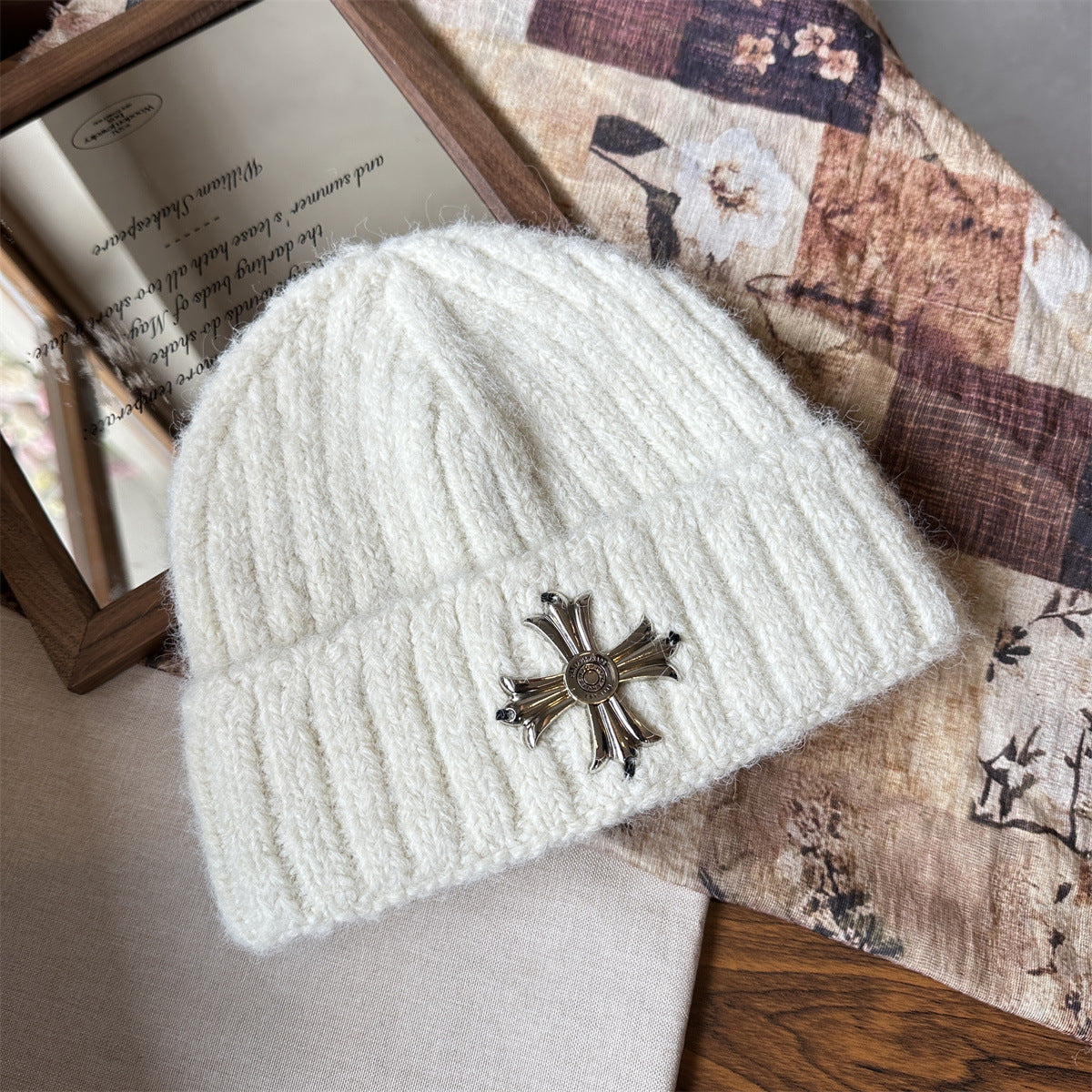Metal Cross Knit Cuffed Beanie Vintage Winter Skull Cap Multi‑Color