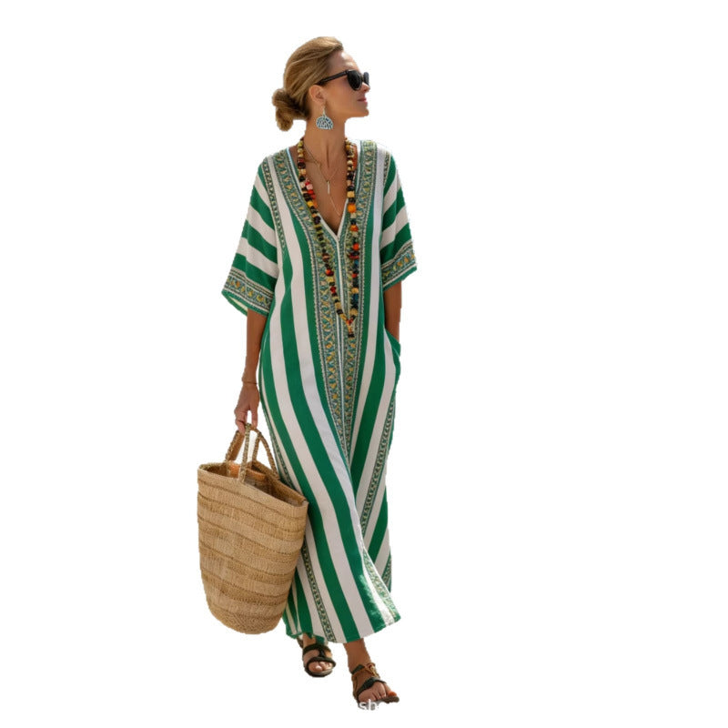 Women Boho Border Print V Neck Loose Kaftan Maxi Beach Dress