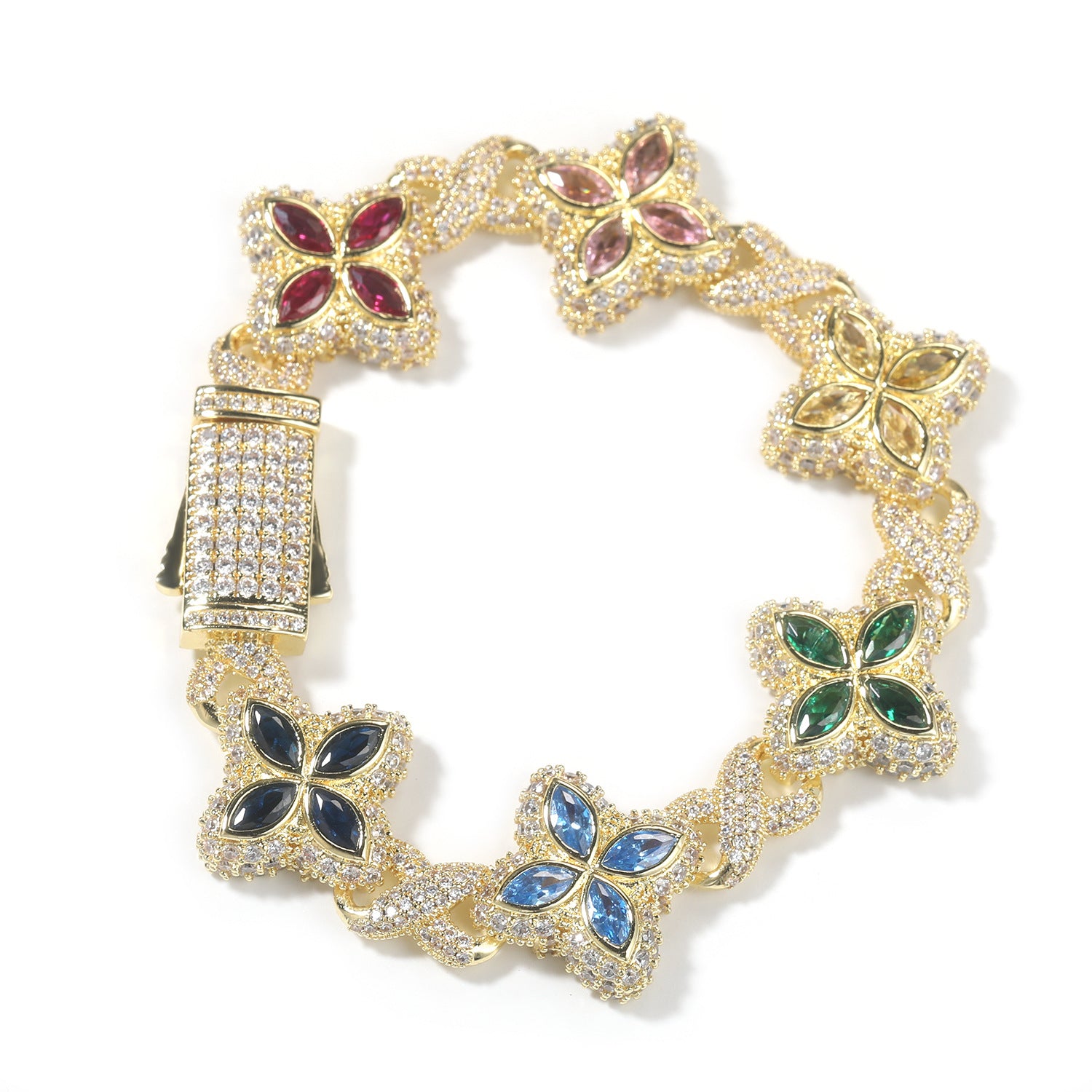 Iced Out Four Leaf Clover 5A Color Zircon Hip Hop Bracelet For