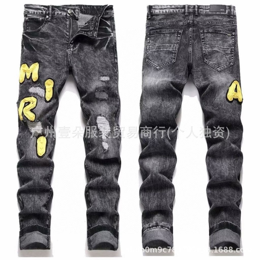 Amiri Letter Embroidery Washed Slim Tapered Denim Jeans Unisex
