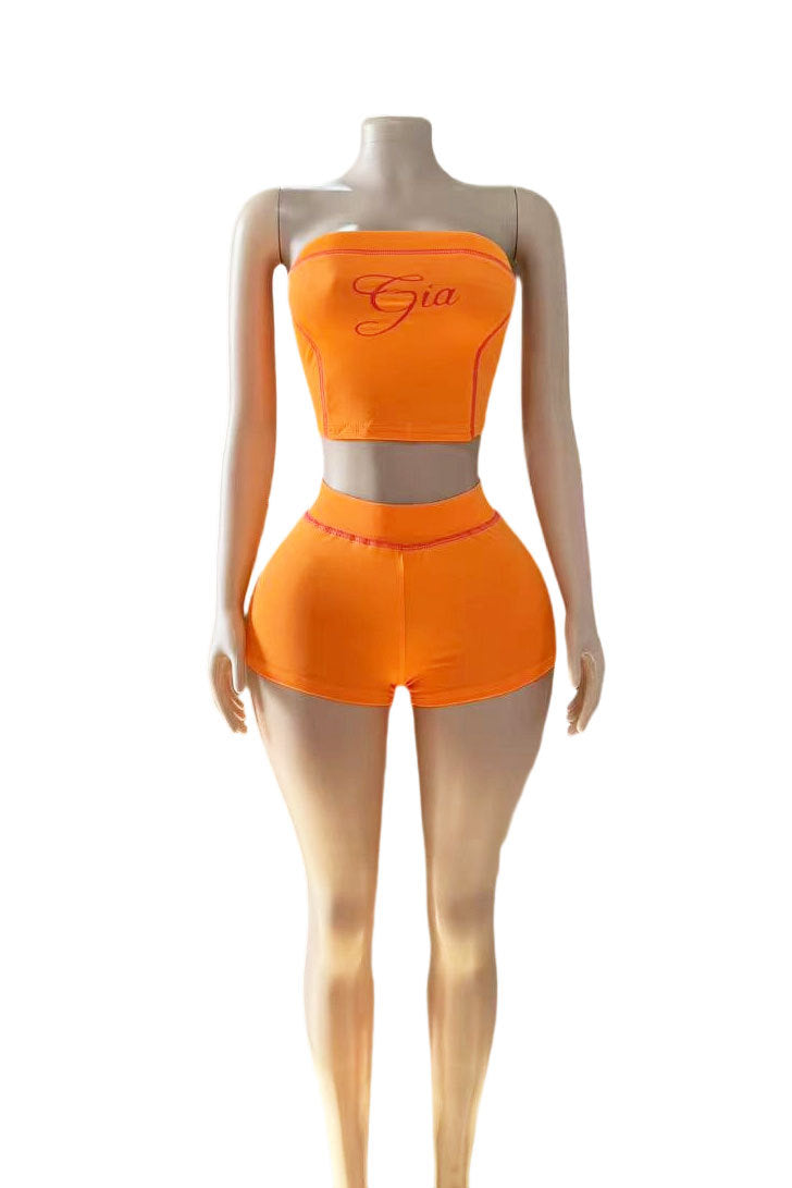 I.AM.GIA Stitch Letter Print Tube Top Biker Shorts 2 Piece Outfit Set