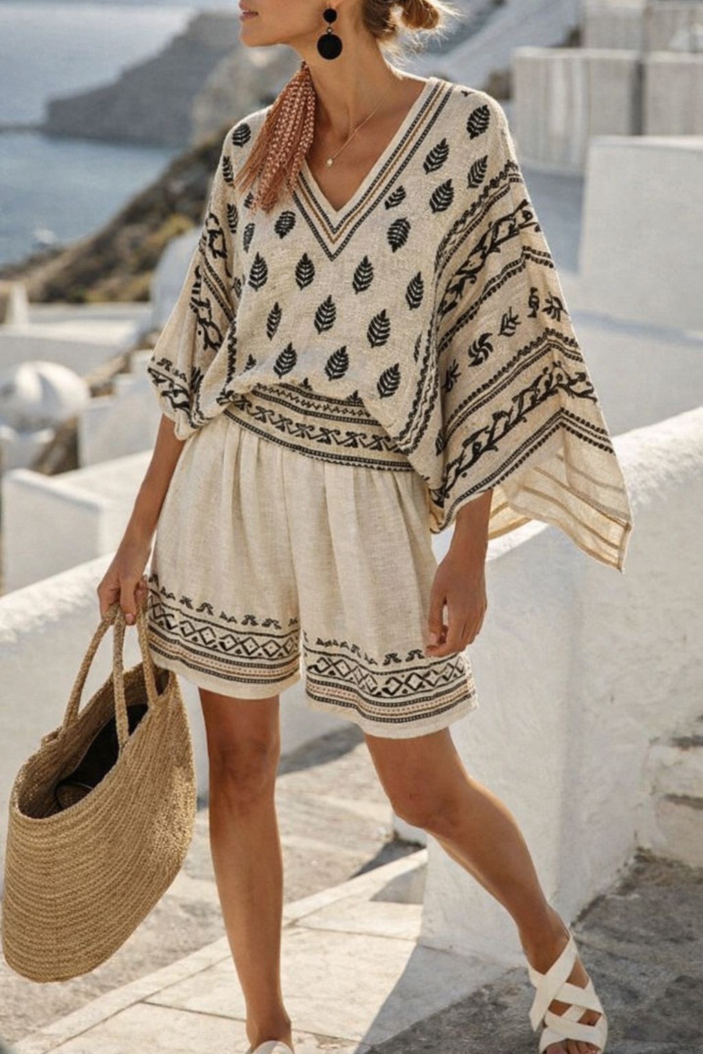 Women Boho Striped V Neck Batwing Loose Beach Short Two Piece Set