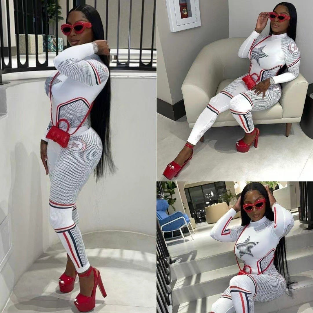 Star Print Color Block Long Sleeve Top Leggings 2 Piece Set Women