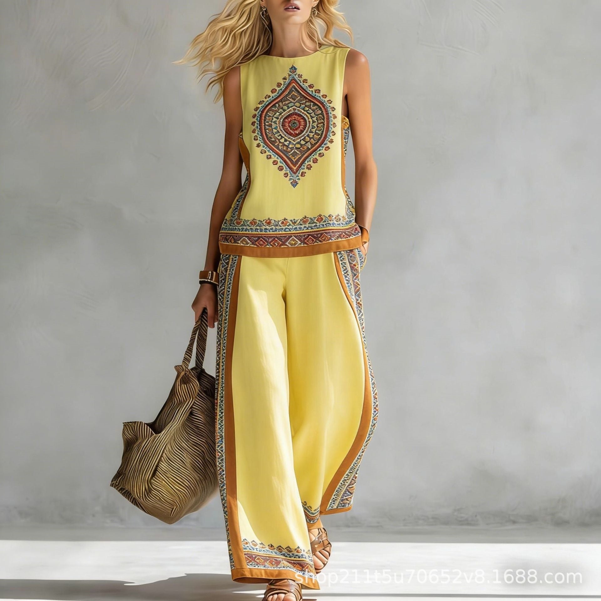 Boho Striped Floral Trim Sleeveless Wide Leg Two Piece Set