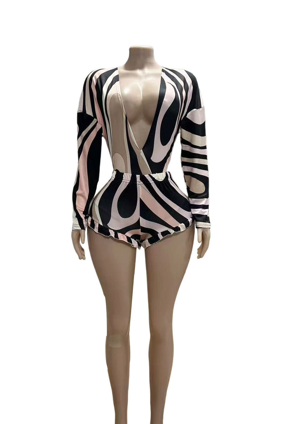 Y2K Abstract Swirl Print Deep V Long Sleeve Ruffle Short 2 Piece Set