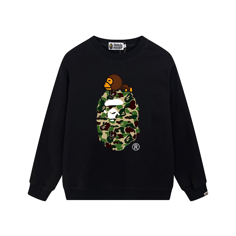 Bape Arch Letter Shark Ape Head Washed Oversized Crewneck Streetwear