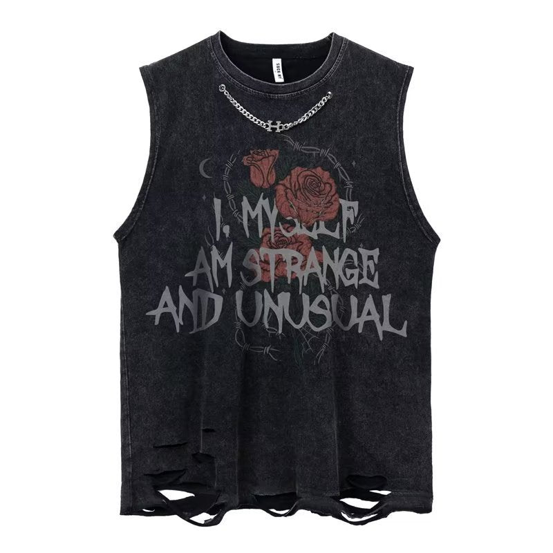 Vintage Washed Ripped Tank Mens Loose Hip Hop Sleeveless Vest