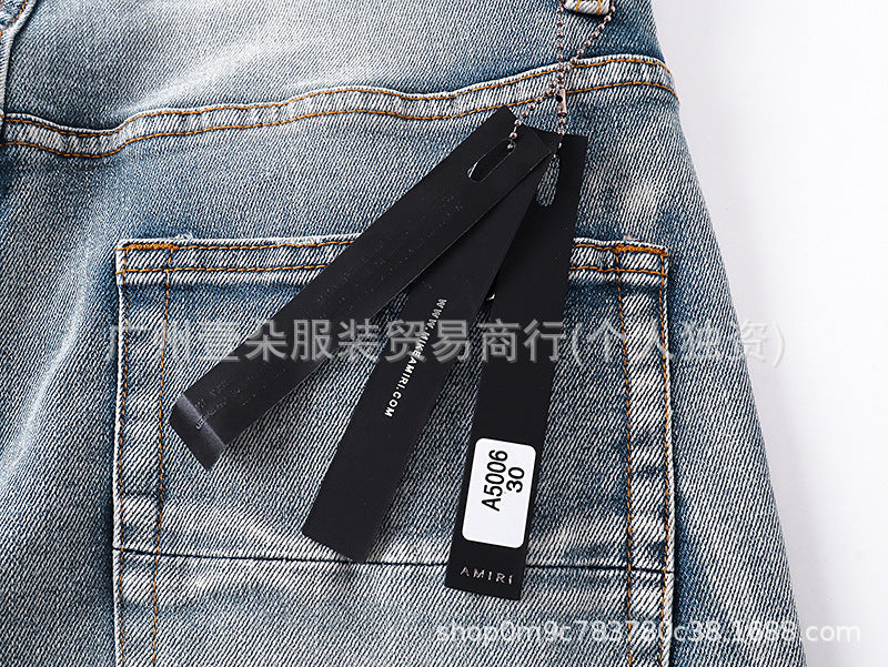 Amiri Blue Letter Embroidery Distressed Stretch Slim Fit Denim Jeans