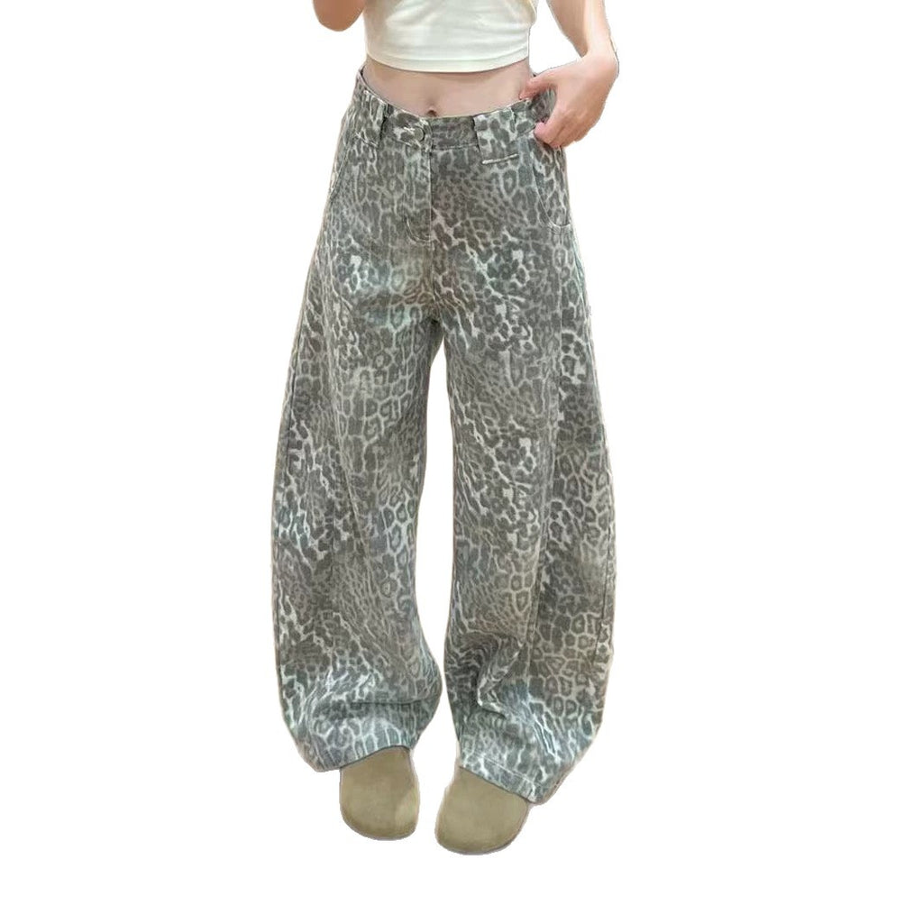 Vintage Leopard Print Wide Leg Denim Jeans Loose Floor Curved Pants