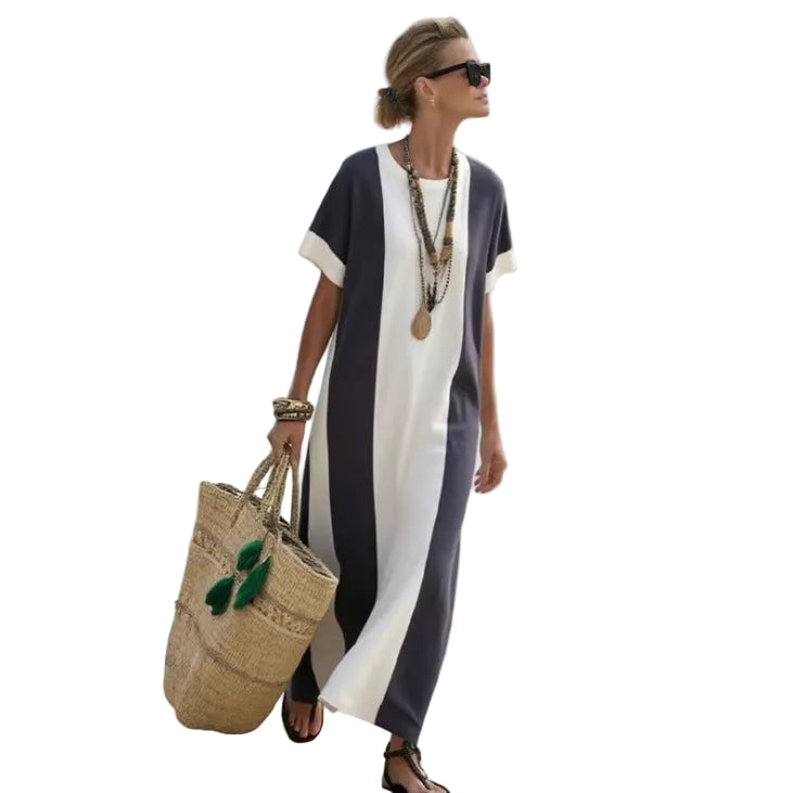 Women Boho Color Block Short Sleeve Kaftan Maxi Beach Dress